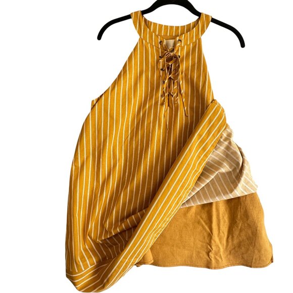 J.O.A Yellow Striped Halter Neck Criss Cross Tie Front Mini Dress Size L Cotton - Picture 4 of 8